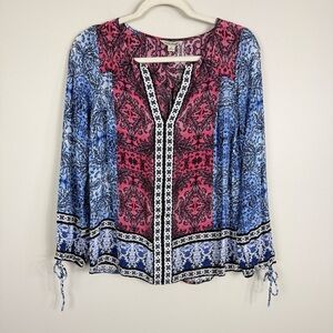 Lucky Brand Top Womens Small Pink Blue Paisley Aztez Hippie V-Neck Shirt Boho